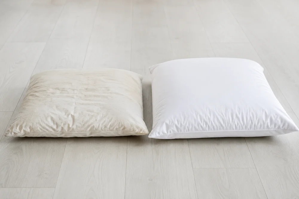 Dos almohadas corrientes: una hundida y amarillenta, la otra nueva