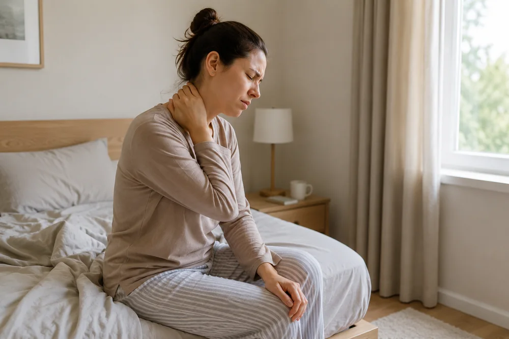 Mujer sentada al borde de la cama al despertar, con una mano en la nuca