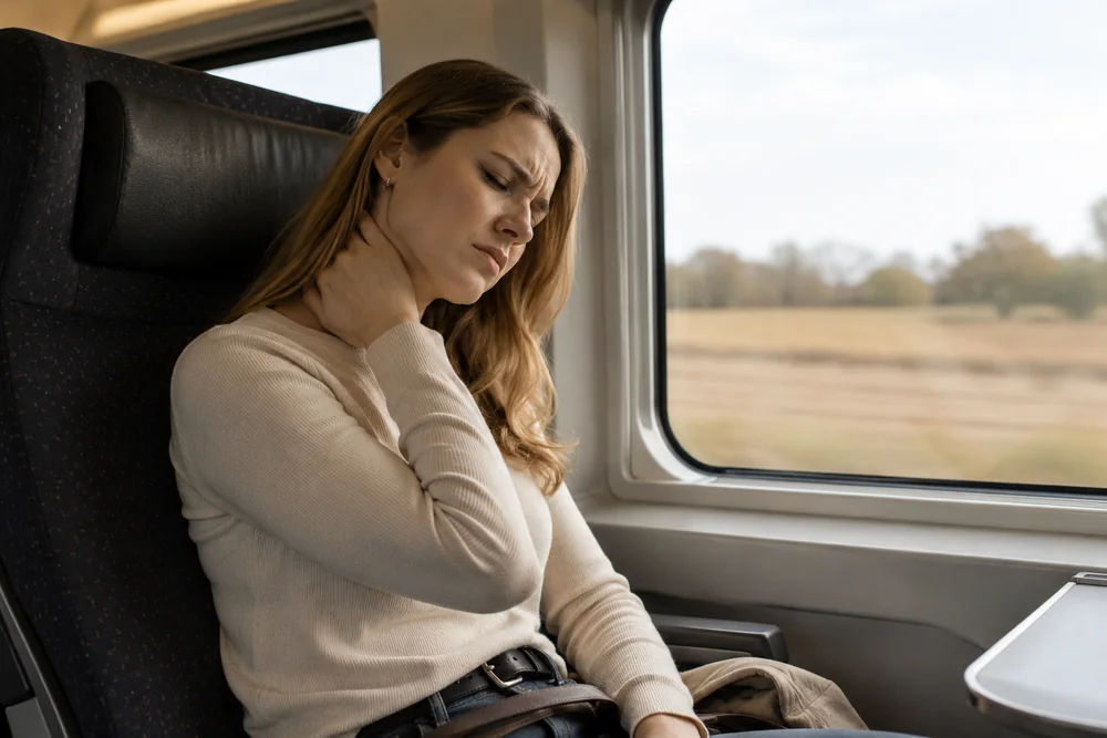 Viajera en un asiento de tren, con una mano en la nuca tras un trayecto largo