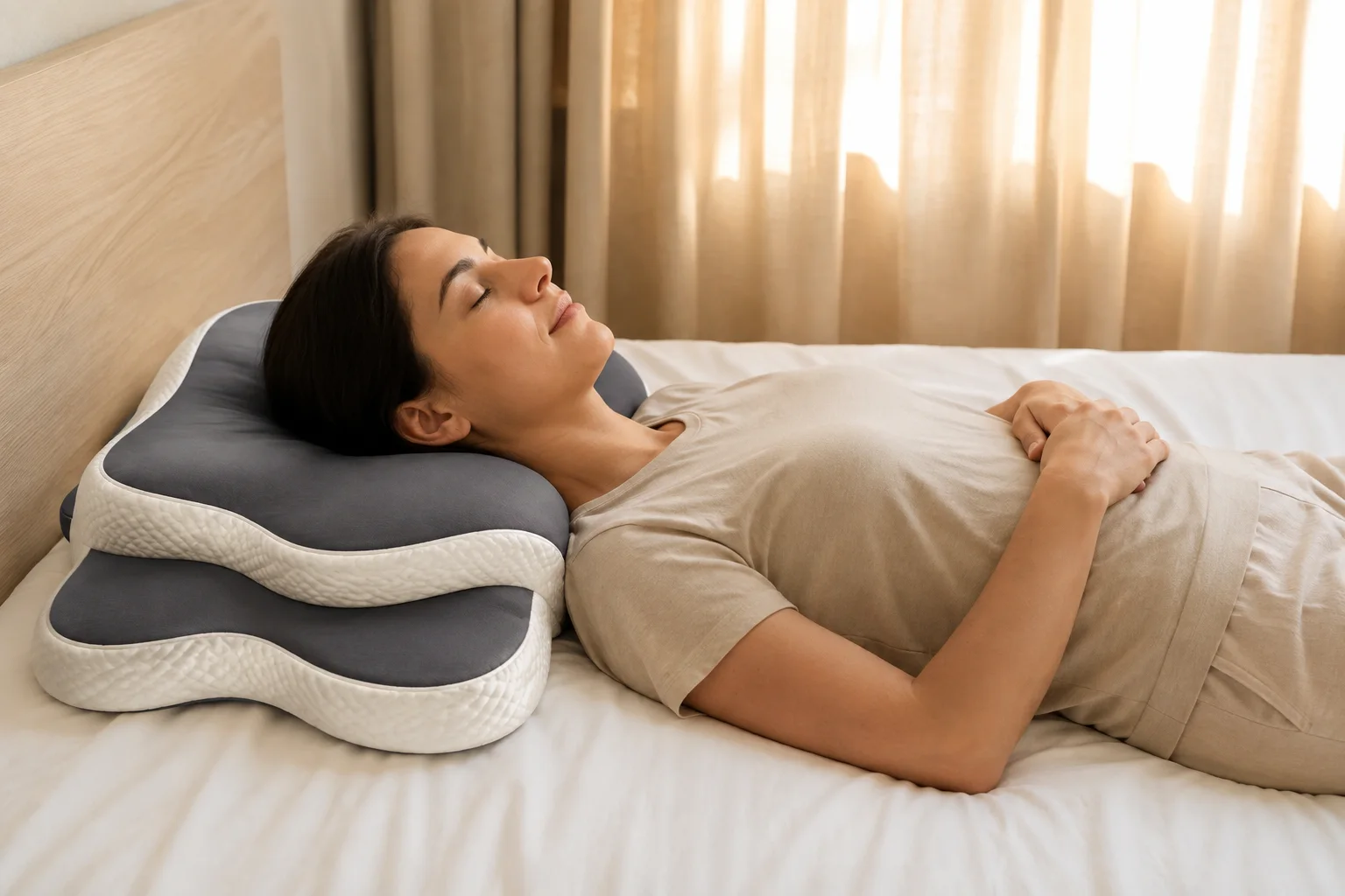 Mujer tumbada sobre la almohada cervical: la cabeza descansa en el hueco central y la nuca queda en el eje de la espalda