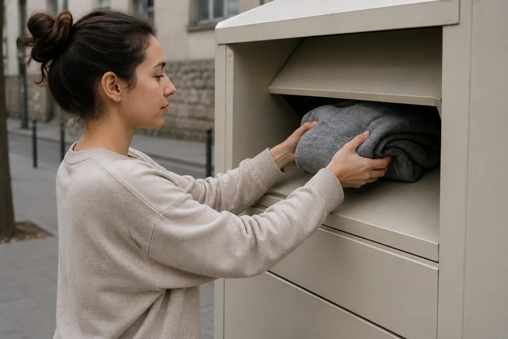 Depósito de un textil doblado en un contenedor de recogida de la calle