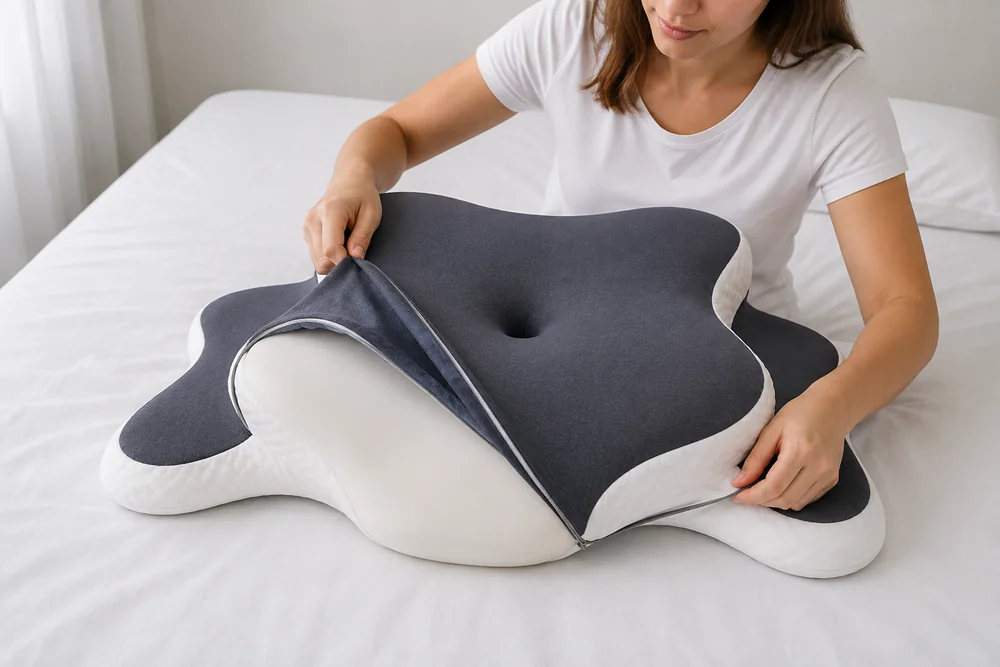 Dos manos retiran la funda gris de punto y aparece el núcleo de espuma blanca