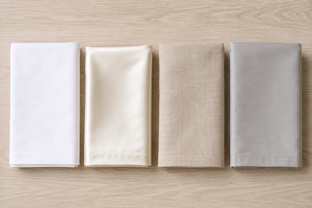 Cuatro fundas de almohada de materiales distintos, dobladas en plano