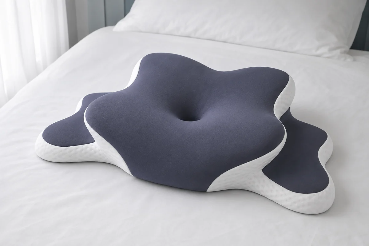 La almohada cervical sobre una cama: hueco central, alas altas y los escalones laterales a la vista