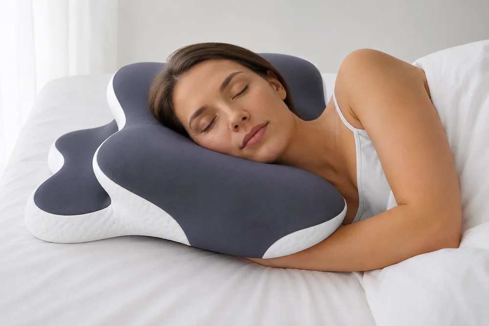Persona dormida con la mano deslizada bajo la almohada, señal de una almohada demasiado baja