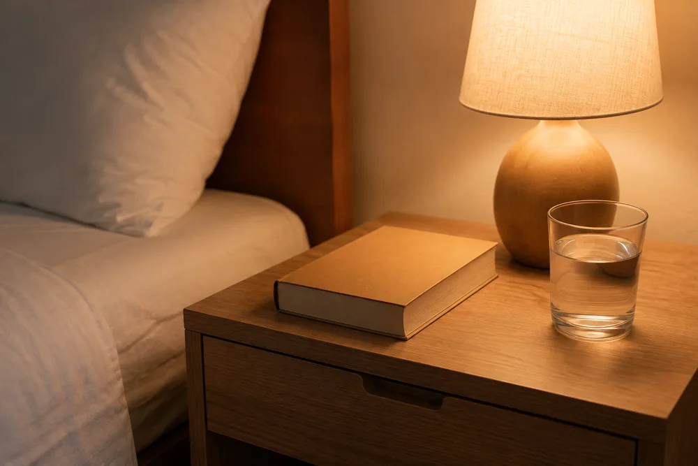 Mesilla de noche de madera con una lámpara encendida, un libro y un vaso de agua