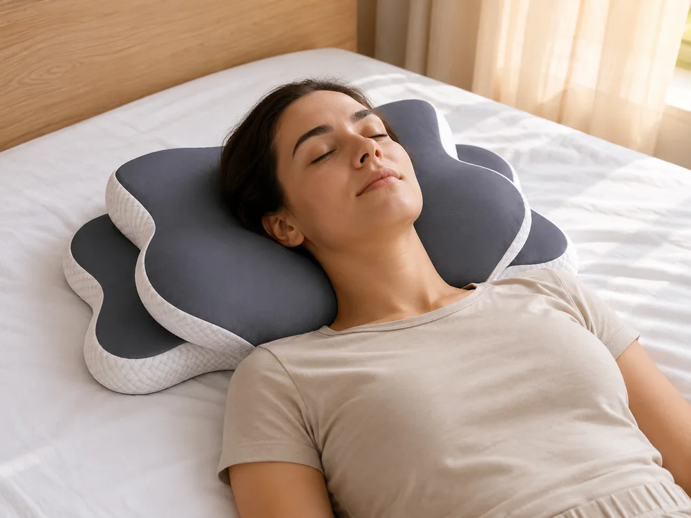 La almohada bajo la nuca de una durmiente tumbada boca arriba