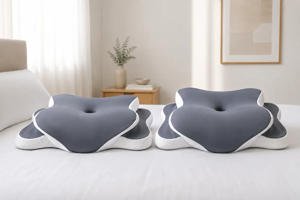 Las dos alturas de la almohada, una junto a la otra: la cara baja y la cara alta