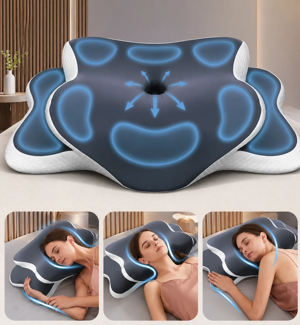 Esquema de las zonas de apoyo de la almohada y las tres posturas de sueño