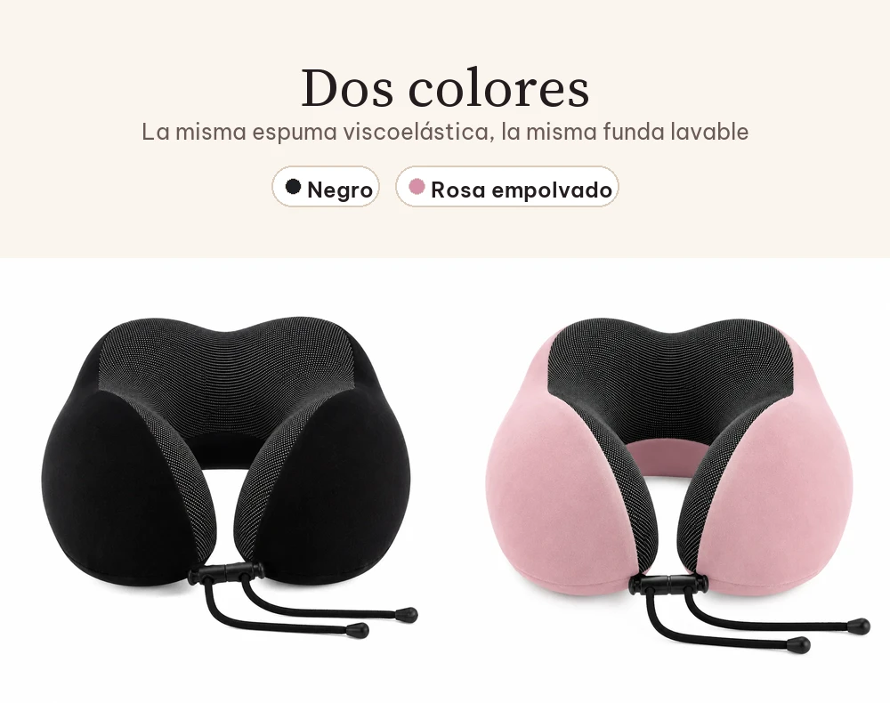 Los dos colores de la almohada de viaje: negro y rosa empolvado