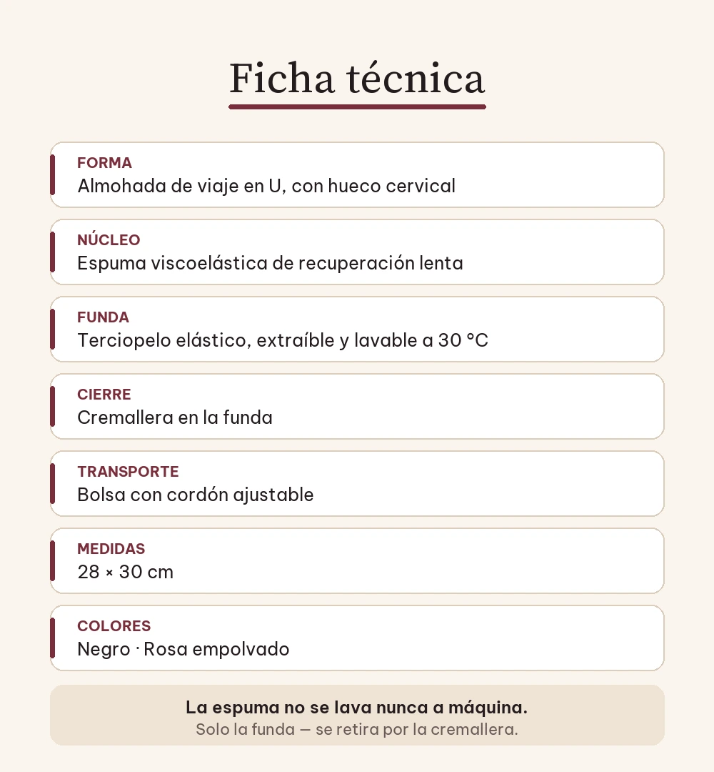 Ficha técnica: forma, núcleo de espuma viscoelástica, funda de terciopelo lavable con cremallera, bolsa con cordón y medidas de 28 por 30 cm