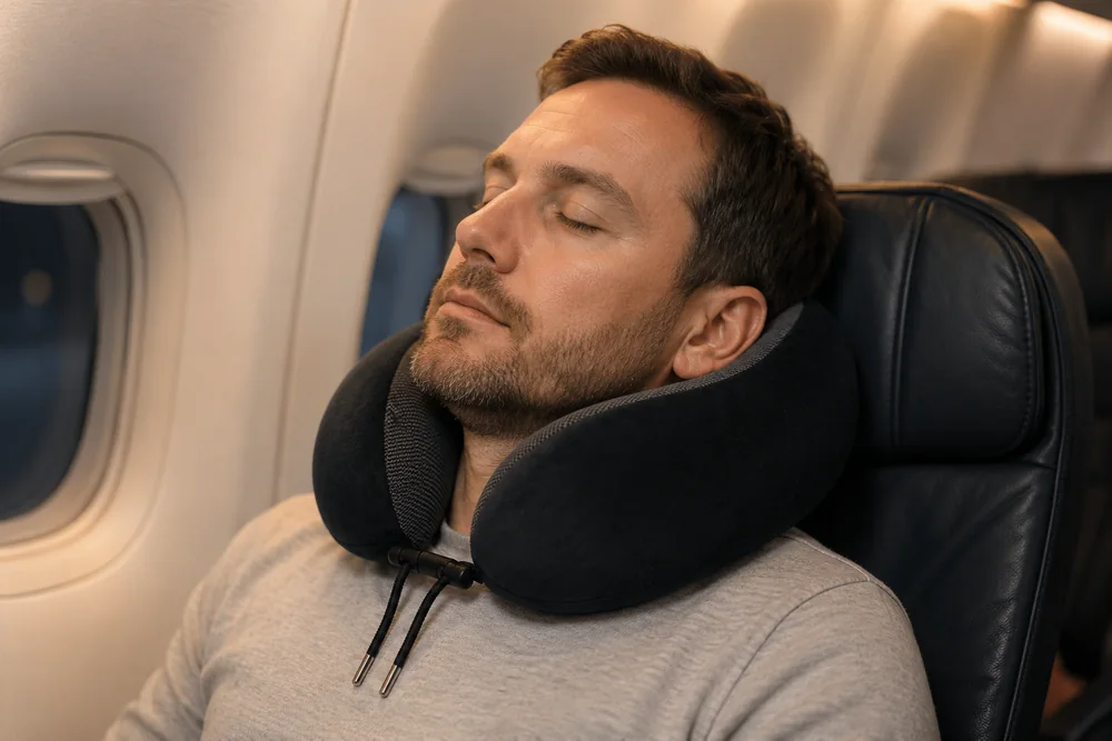 Almohada en U puesta alrededor del cuello en un asiento de avión