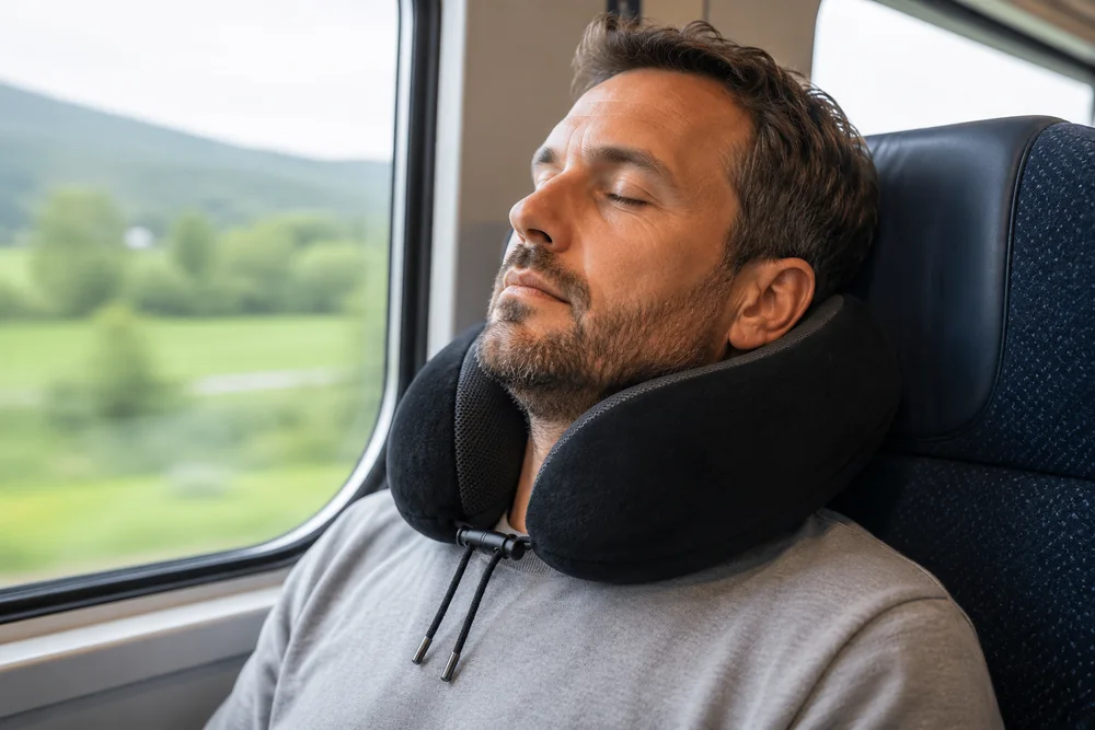 Almohada de viaje en U puesta alrededor del cuello en un asiento de tren